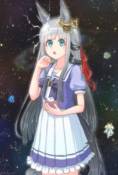 Rule 34 | 2girls, absurdres, animal ears, blonde hair, blue eyes, blush, breasts, chibi, chrono genesis (umamusume), collarbone, grey hair, hair between eyes, hair ornament, highres, horse ears, horse girl, horse tail, long hair, looking at viewer, multicolored hair, multiple girls, nadeneko0013, notebook, open mouth, ribbon, school uniform, small breasts, solo focus, space, star (sky), starry sky background, tail, thighhighs, tracen school uniform, two-tone hair, umamusume