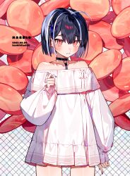 1girl 2023 absurdres ahoge artist_name bare_shoulders black_hair blush choker collarbone commentary_request cowboy_shot dated dress hachihito hair_between_eyes hair_ornament highres long_sleeves looking_at_viewer multicolored_hair original short_hair solo standing streaked_hair watermark