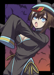 1girl absurdres alternate_costume animal_ears bat_background blush breasts brown_hair cheval_grand_(umamusume) cleavage color_neko_(user_yfvc3323) empty_eyes fang hair_ornament hat highres horse_ears horse_girl horse_tail looking_at_viewer medium_breasts outstretched_arms solo tail umamusume zombie_pose