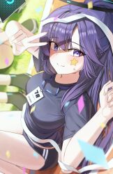 1girl absurdres arch_a4 black_buruma black_halo black_shirt blue_archive blue_eyes blue_hair blurry buruma closed_mouth commentary_request confetti depth_of_field drone fingernails gym_shirt halo highres long_hair looking_at_viewer lying mechanical_halo midriff_peek official_alternate_costume official_alternate_hairstyle on_back on_grass shirt short_sleeves smile solo_focus star_sticker sticker_on_face sweat thighs v yuuka_(blue_archive) yuuka_(track)_(blue_archive)