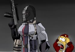 1boy 1girl artist_request assault_rifle beret blue_eyes commander_(girls&#039;_frontline) crossover drum_magazine escape_from_tarkov girls&#039;_frontline griffin_&amp;_kryuger_military_uniform gun hat helmet highres homer_simpson killa_(escape_from_tarkov) light_machine_gun machine_gun magazine_(weapon) military military_uniform rifle rpk rpk-16 rpk-16_(girls&#039;_frontline) screaming the_simpsons weapon white_hair