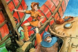 1980s_(style) 1boy 1girl alternate_color bag blue_sky boots brown_boots brown_hair character_request facial_hair highres holding holding_tool kaze_no_tani_no_nausicaa miyazaki_hayao mustache nausicaa official_art old old_man oldschool open_mouth pamphlet retro_artstyle scan short_hair sky studio_ghibli tagme very_short_hair windmill