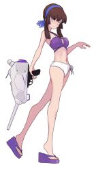 1girl adapted_turret bikini blunt_sidelocks brown_hair flip-flops full_body green_eyes hair_bun hair_ribbon halterneck kantai_collection mismatched_bikini mogador_(kancolle) navel neve_(morris-minicooper) platform purple_ribbon purple_sandals ribbon sandals sidelocks simple_background solo standing swimsuit white_background