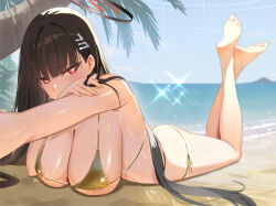 1girl absurdres bare_shoulders beach bikini black_hair blue_archive blush breasts cleavage gold_bikini hair_ornament hairclip halo highres kakumayu large_breasts long_hair looking_at_viewer lying on_stomach red_eyes rio_(blue_archive) solo sparkle swimsuit