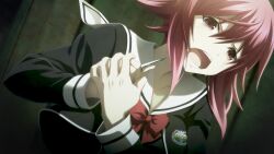 1girl black_dress blade_to_throat blush bow bowtie breasts chaos;child chaos;child_love_chu_chu!! chest_bow clenched_teeth collarbone colored_eyelashes cropped_jacket crying crying_with_eyes_open dagger dress from_below game_cg hair_between_eyes head_tilt hekiho_academy hekiho_academy_uniform highres holding holding_dagger holding_knife holding_own_hand holding_weapon imminent_suicide indoors knife long_sleeves looking_at_viewer non-web_source official_art onoe_serika open_mouth pink_eyes pink_hair red_bow red_bowtie sad sailor_collar sasaki_mutsumi school_emblem school_uniform short_hair short_hair_with_long_locks sidelocks smile solo streaming_tears tears teeth tongue upper_teeth_only weapon white_sailor_collar