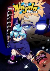 3boys absurdres anime_coloring ankle_boots aqua_hair backwards_hat bandaid bandaid_on_face bandaid_on_nose baseball_cap battle_damage black_boots black_bridal_gauntlets blonde_hair blue_eyes blue_hood blue_hoodie blue_sleeves boots bridal_gauntlets brown_shorts burton_(ninjala) cargo_shorts child clenched_teeth close-up closed_mouth commentary_request copyright_name corocoro_comic crying dated_commentary dirty dirty_clothes dirty_face facial_scar fingernails full_body gendou_pose glasses gumchi hands_clasped hat headphones highres holding holding_weapon hood hood_down hoodie ippon_katana_(ninjala) kappei_(ninjala) kushabiria lace-up_boots lens_flare light_particles logo logo_print long_shirt looking_at_viewer multiple_boys ninjala official_art opaque_glasses open_mouth own_hands_clasped own_hands_together partially_opaque_glasses partially_shaded_face purple-framed_eyewear purple_eyes ribbed_shirt ribbed_socks scar scar_on_cheek scar_on_face second-party_source semi-rimless_eyewear shirt short_hair shorts smile socks tears teeth thick_eyebrows triangle_print tube_socks undershirt water_drop weapon white_hat white_shirt white_socks white_undershirt