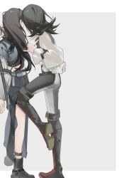 2girls absurdres bang_dream! bang_dream!_it&#039;s_mygo!!!!! black_boots black_hair black_pants blue_jacket blush boots crop_top ear_blush earrings hand_in_another&#039;s_hair highres jacket jewelry long_hair long_sleeves medium_hair midriff multiple_girls pants shiina_taki shirt standing standing_on_one_leg thigh_boots timoris_(bang_dream!) undersuito50673 white_shirt yahata_umiri yuri