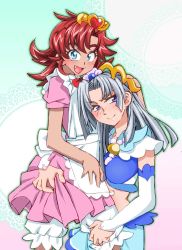 2girls alternate_costume asano_masumi bloomers blue_eyes calvina_coulange cure_mermaid enmaided fang festenia_muse go!_princess_precure grey_hair maid mecha multiple_girls onnaski precure puff_(go!_princess_precure)_(human) red_hair robot super_robot super_robot_wars super_robot_wars_judgement super_robot_wars_og_moon_dwellers super_robot_wars_original_generation touyama_nao underwear voice_actor_connection white_bloomers