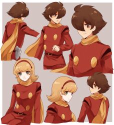 1boy 1girl absurdres belt blonde_hair brown_hair coat couple cyborg cyborg_009 francoise_arnoul hair_over_one_eye hairband highres long_hair looking_at_viewer makiba_(mgmgcat) military_uniform scarf shimamura_joe short_hair simple_background