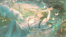 Rule 34 | 1other, androgynous, animal, cangchen, enkidu (fate), fate/strange fake, fate (series), green eyes, green hair, highres, in water, long hair, lying, on back, open mouth, other focus, outdoors, robe, smile, toga, very long hair, white robe, white wolf, wolf, wolf (fate)