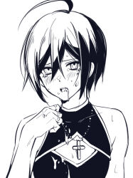 1boy after_fellatio ahoge bare_shoulders blush china_dress chinese_clothes cross cross_necklace cum cum_in_mouth cum_on_body danganronpa_(series) danganronpa_v3:_killing_harmony dress ewa_(seraphhuiyu) facial hair_between_eyes hand_up jewelry male_focus necklace saihara_shuichi short_hair solo