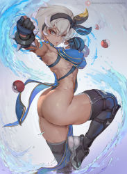 1girl abs alternate_costume armpit_crease armpits ass bea_(pokemon) black_gloves black_shoes bracelet breasts capcom chun-li chun-li_(cosplay) cosplay covered_erect_nipples covered_navel creatures_(company) cutesexyrobutts dark-skinned_female dark_skin determined eyebrows eyeshadow female_focus fingerless_gloves flat_ass g-string game_freak gloves gluteal_fold grey_background grey_eyes grey_hair hairband halterneck highres jewelry knee_up leg_up looking_at_viewer makeup medium_breasts muscular muscular_arms muscular_female nintendo obliques official_alternate_costume open_mouth patreon_logo pelvic_curtain pink_eyeshadow poke_ball pokemon pokemon_swsh revealing_clothes shoes short_hair sideboob simple_background sneakers solo spiked_bracelet spikes standing standing_on_one_leg street_fighter street_fighter_v thighhighs thong trait_connection watermark web_address white_hair