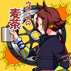 1girl alcohol animal_ears black_jacket brown_hair character_name closed_eyes closed_mouth commentary ear_ornament flask hair_ornament hip_flask holding holding_flask horse_ears horse_girl jacket long_hair long_sleeves low_ponytail maharu66 multicolored_hair open_clothes open_jacket ponytail shirt smile solo translated two-tone_hair umamusume vodka_(umamusume) wheel whiskey white_hair white_shirt yellow_background
