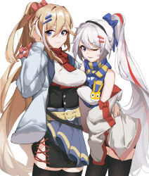 2girls ;) absurdres black_skirt black_thighhighs blonde_hair blue_bow blue_eyes blue_jacket blue_scarf bow breasts chinese_commentary commentary_request durandal_(honkai_impact) hair_bow hair_ornament highres homu_(honkai_impact) honkai_(series) honkai_impact_3rd jacket katachi_noboru_nishikino kiana_kaslana long_hair looking_at_viewer medium_breasts multiple_girls one_eye_closed pink_bow ponytail red_scarf scarf shirt siblings simple_background sisters skirt smile thighhighs very_long_hair white_background white_hair white_jacket white_shirt winter_clothes