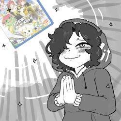 bandai black_hair blush cover crying crying_with_eyes_open digimon flat_chest gummuru hair_over_one_eye hood hood_up hoodie messy_hair nervous_smile non-web_source original personification playstation_vita_(personification) praying smile sony tears video_game_cover