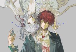 1boy 1girl blood blood_on_clothes collarbone collared_shirt dress grey_background hair_between_eyes hair_ribbon holding holding_lighter jacket lighter long_hair long_sleeves looking_at_viewer male_focus open_clothes open_jacket original qyzhiaiyisheng red_eyes red_hair red_ribbon ribbon shirt short_hair simple_background upper_body upside-down white_hair white_shirt