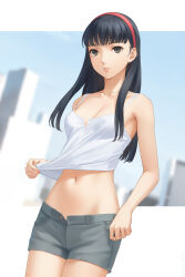Rule 34 | 1girl, amagi yukiko, black hair, blue sky, border, breasts, camisole, cowboy shot, crop top, grey eyes, grey shorts, hairband, highres, letterboxed, long hair, miura-n315, navel, open fly, parted lips, red hairband, short shorts, shorts, sky, small breasts, solo, stomach, straight hair, very long hair, white border, white camisole