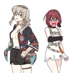 2girls absurdres belt black_jacket black_shorts blue_eyes blush breasts cleavage commentary_request cosplay costume_switch earclip embarrassed girls_band_cry grey_eyes grey_hair habsida_(habsida_hpy) haori highres iseri_nina jacket japanese_clothes kawaragi_momoka kuuhaku_to_catharsis long_hair low_twintails medium_breasts multicolored_hair multiple_girls no_bra open_clothes open_jacket open_mouth red_hair roots_(hair) short_hair short_twintails shorts simple_background small_breasts sweatdrop tongue tongue_out twintails white_background white_belt