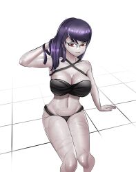 1girl bikini black_bikini breasts cleavage closed_mouth collarbone eyelashes female_focus glasses hand_up large_breasts long_hair looking_at_viewer navel purple_hair red_eyes sdrklx shizuhara_hiruko simple_background sitting solo solo_focus swimsuit the_hundred_line_-last_defense_academy- thighs water wet white_background