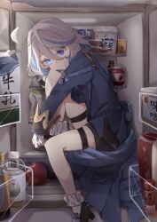 1girl ascot black_footwear black_shorts blue_ascot blue_eyes blue_hair blue_jacket closed_mouth colored_inner_hair cowlick drop-shaped_pupils furina_(genshin_impact) genshin_impact gloves grey_hair heterochromia highres in_container in_refrigerator jacket knee_up ouji_fashion light_blue_hair light_smile lolita_fashion long_hair looking_at_viewer mismatched_pupils multicolored_hair refrigerator short_hair shorts socks solo symbol-shaped_pupils thigh_strap wavy_hair white_gloves white_socks yoshino_mugiko