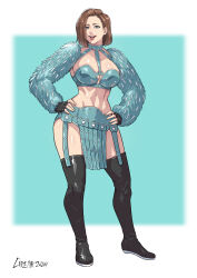 1girl absurdres black_gloves blue_eyes blurry blurry_background border breasts brown_hair cirenk commentary commission english_commentary fingerless_gloves fur_sleeves gloves highres midriff original short_hair solo white_border