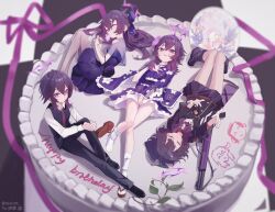 absurdres birthday_cake black_pants black_shoes black_suit black_vest blue_archive boots cake closed_eyes closed_mouth doodle_sensei_(blue_archive) dress fabarm_fp6 floral_print floral_print_kimono flower food formal_clothes gun hair_flower hair_ornament halo happy_birthday haruka_(blue_archive) haruka_(dress)_(blue_archive) haruka_(new_year)_(blue_archive) haruka_(suit)_(blue_archive) highres holding holding_flower holding_gun holding_weapon jacket japanese_clothes kimono long_hair looking_at_viewer lying necktie official_alternate_costume official_alternate_hairstyle on_back on_side open_mouth pants print_kimono pump_action purple_boots purple_dress purple_eyes purple_flower purple_hair purple_halo purple_jacket purple_kimono purple_skirt red_necktie rescat sandals sensei_(blue_archive) shirt shoes short_kimono shotgun sidelocks single_sandal sitting skirt socks suit very_long_hair vest weapon white_shirt white_socks