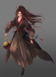 Rule 34 | 1boy, absurdres, ahoge, bite mark, black boots, black hair, black hanfu, blush, boots, brown hair, chinese clothes, collarbone, dizi, floating hair, flute, flute tassel, full body, gradient background, grey background, hair ribbon, half-closed eyes, hanfu, hickey, high ponytail, highres, holding, holding flute, holding instrument, holding jug, implied yaoi, instrument, jug (bottle), korean commentary, long hair, long sleeves, looking down, male focus, modao zushi, niken (niken ouo), parted lips, ponytail, purple eyes, red eyes, red ribbon, ribbon, robe, sash, simple background, smile, solo, standing, tassel, transverse flute, wei wuxian, wide sleeves, yaopei
