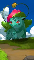 absurdres berry_(pokemon) blue_sky blurry blurry_foreground claws closed_mouth cloud commentary_request day fangs full_body gen_1_pokemon highres ivysaur looking_ahead nintendo no_humans nostrils outdoors plant pokemon pokemon_(creature) pokemon_focus red_eyes rock sitrus_berry sky solo vines yunimaru