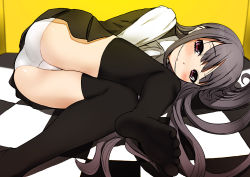 10s 1girl ass bad_feet black_hair black_thighhighs blush checkered_floor feet female_focus floor foot_focus foreshortening hair_in_own_mouth inu_x_boku_ss long_hair looking_at_viewer lying miyamoto_issa no_shoes on_side panties pantyshot purple_eyes school_uniform shiny_skin shirakiin_ririchiyo skirt solo thighhighs toes underwear upskirt white_panties