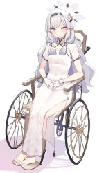 1girl absurdres alternate_costume barefoot blue_archive blush breasts china_dress chinese_clothes cloba commentary covered_navel dress earclip feet flower full_body gloves gold_trim grey_hair hair_flower hair_ornament hair_tubes hairband halo heart highres himari_(blue_archive) impossible_clothes impossible_dress legs long_hair mole mole_under_eye own_hands_together pointy_ears purple_eyes shadow short_sleeves side_slit sidelocks signature simple_background sitting small_breasts smile solo spoken_heart striped_clothes striped_hairband thighs toenails toes wheelchair white_background white_dress white_gloves