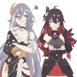 Rule 34 | 2girls, black choker, black dress, black hair, choker, colored inner hair, cowboy shot, crossed arms, dress, fu hua, grey hair, grin, highres, honkai (series), honkai impact 3rd, kk0106kkk, long hair, multicolored hair, multiple girls, one eye closed, pink eyes, red eyes, red hair, seele vollerei, simple background, single bare shoulder, single off shoulder, smile, squiggle, standing, very long hair, white background