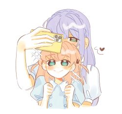 Rule 34 | 2girls, aqua eyes, baboomasu, blush, braid, buttons, cellphone, cerise bouquet, clenched hands, closed mouth, collared shirt, commentary, crown braid, double-breasted, green eyes, hair ornament, half-closed eyes, heart, hinoshita kaho, hinoshita kaho (summer casual), holding, holding phone, iphone, link! like! love live!, long hair, love live!, multiple girls, orange hair, otomune kozue, phone, puffy short sleeves, puffy sleeves, purple hair, rabbit hair ornament, selfie, shirt, short sleeves, sidelocks, smartphone, smile, sparkle, split mouth, spoken heart, symbol-only commentary, two side up, upper body, white shirt, yuri