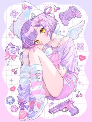 1girl animal_hat blush bow candy cat_hat cherry chest_harness closed_mouth commentary controller food fruit full_body game_controller gauze_on_knee gun hair_bow hair_ornament hairclip harness hashtag-only_commentary hat heart highres lollipop looking_at_viewer loose_socks purple_hair purple_shirt shinomiya_runa shinomiya_runa_(4th_costume) shirt shoes socks solo t-shirt virtual_youtuber vspo! weapon white_hat white_wings wings yellow_eyes yuzuriha_(nx_e78)