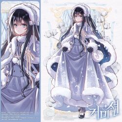 1girl bare_tree black_gloves black_hair black_shoes blue_bow blue_cloak blue_hairband blue_jacket blue_skirt bow buttons cloak cotton_(plant) double-breasted expressionless fashion full_body fur-trimmed_cloak fur-trimmed_collar fur-trimmed_hairband fur-trimmed_skirt fur-trimmed_sleeves fur_trim gloves grey_eyes hairband high_heels hobak jacket long_hair long_skirt long_sleeves looking_at_viewer multiple_views original parted_lips pom_pom_footwear print_skirt shoes skirt skirt_hold snowflake_print snowing tree winter