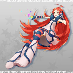 1girl ahoge android bad_id bad_pixiv_id belt boots doll_joints dress female_focus gloves headphones joints kneehighs long_hair multicolored_legwear patterned_legwear red_eyes red_hair reika_(artist) reika_(clovia_studio) robot_joints sf-a2_miki smile socks solo star_(symbol) striped_clothes striped_gloves striped_socks thighhighs two-tone_stripes vocaloid wrist_cuffs yamaha