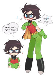 1boy 1girl androgynous batman_(series) batrobin_k belt blue_eyes blush boots breasts brown_hair cape dc_comics domino_mask dual_persona genderswap genderswap_(mtf) gloves green_gloves highres korean_text leotard mask robin_(batrobin_k) robin_(dc) short_hair simple_background sleeved_leotard small_breasts spandex superhero_costume sweat translation_request turtleneck utility_belt wavy_mouth white_background
