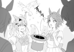 Rule 34 | 4girls, ahoge, animal ears, bird, blurry, blurry foreground, bow, bowtie, breasts, confetti, fangs, fuji kiseki (umamusume), greyscale, hair ornament, hairclip, hat, horse ears, horse girl, horse tail, jungle pocket (umamusume), magic trick, medium hair, monochrome, multiple girls, notched ear, open mouth, pigeon, ponytail, sailor collar, school uniform, shirt, short hair, short ponytail, short sleeves, skin fangs, skirt, small breasts, smile, streamers, sweatdrop, tail, top hat, tracen school uniform, umamusume, upper body, zn242878163