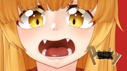 1girl blunt_bangs blush bow commentary_request fangs highres ibuki_suika kurohiba long_hair looking_at_viewer open_mouth orange_hair red_bow sidelocks simple_background solo teeth tongue touhou upper_body variant_set yellow_eyes