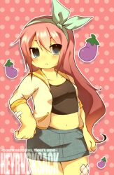 1girl artist_name aubrey_(faraway)_(omori) aubrey_(omori) bandage_on_leg bandaid bandaid_on_arm black_tank_top blue_eyes blue_hairband blue_skirt blush breasts chibi chibi_only cowboy_shot denim denim_skirt eggplant hairband highres jacket melodyne navel omori outline pink_background pink_hair polka_dot polka_dot_background skirt small_breasts sweatdrop tank_top white_outline