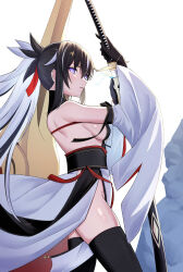 1girl absurdres bare_back bare_shoulders black_gloves black_thighhighs breasts cropped_shirt detached_sleeves fate/grand_order fate_(series) gloves highres holding holding_sword holding_weapon long_hair looking_at_viewer medium_breasts multicolored_hair nagao_kagetora_(fate) natu_zame purple_eyes side_slit sideboob simple_background solo sword thighhighs two-tone_hair uesugi_kenshin_(fate) uesugi_kenshin_(third_ascension)_(fate) weapon white_background wide_sleeves