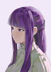 1girl blunt_bangs closed_mouth dress expressionless fern_(sousou_no_frieren) grey_background highres long_hair long_sidelocks purple_eyes purple_hair rurikon sidelocks solo sousou_no_frieren white_dress