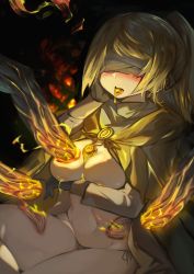 absurdres areola_slip blindfold blonde_hair blush branded breasts burning cloak covering_nipples covering_privates dark_background elden_ring eyeball fingerprint fire hand_on_own_cheek hand_on_own_face highres hyetta_(elden_ring) large_breasts panties ponytail side-tie_panties slime_(substance) sora_sakura spoilers three_fingers_(elden_ring) tongue tongue_out topless_female underwear yellow_liquid