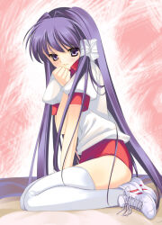 1girl arikawa_satoru buruma clannad clenched_hand embarrassed fujibayashi_kyou gym_uniform hair_intakes hair_ribbon hand_up long_hair puffy_short_sleeves puffy_sleeves purple_eyes purple_hair red_buruma ribbon shirt shoes short_sleeves sitting solo thighhighs thighs very_long_hair wariza white_shirt white_shoes white_thighhighs
