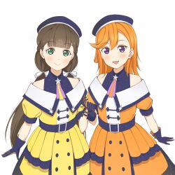 2girls absurdres brown_hair dress highres love_live! love_live!_superstar!! multiple_girls orange_dress orange_hair sakurakoji_kinako shibuya_kanon yellow_dress