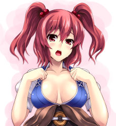 1girl arms_up asu_hare bad_id bad_pixiv_id belt blue_dress blush breasts breasts_apart cleavage coin collarbone dress female_focus hair_bobbles hair_ornament highres large_breasts looking_at_viewer onozuka_komachi open_mouth red_eyes simple_background solo sweat touhou twintails two_side_up upper_body