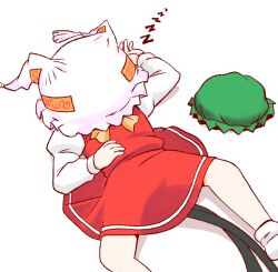 Rule 34 | 1girl, bilingual commentary, cat tail, chen, commentary, english commentary, green hat, hat, hat on face, highres, korean commentary, long sleeves, lying, mirae somang, mixed-language commentary, multiple tails, on back, red skirt, red vest, skirt, sleeping, socks, solo, tail, touhou, two tails, unworn hat, unworn headwear, vest, white hat, white socks, zzz