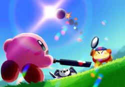 Rule 34 | aruco co, ball, blue eyes, blue sky, blush stickers, closed eyes, commentary request, day, frying pan, grass, holding, holding frying pan, kirby, kirby (series), meta knight, nintendo, no humans, open mouth, outdoors, sky, sweatdrop, waddle dee