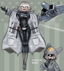 1girl absurdres aim-120_amraam aim-9_sidewinder aircraft airplane autocannon belt black_bodysuit black_gloves bodysuit breasts cannon electronic_firearm english_text evil_smile f-22_raptor fighter_jet finger_to_mouth full_body gatling_gun gloves grey_hair gun highres hood hood_up looking_at_viewer m61_vulcan medium_breasts medium_hair military_vehicle missile multiple-barrel_gun multiple_views original outstretched_arms pandramodo personification rotary_cannon shark_tooth shushing skin_tight smile twitter_username
