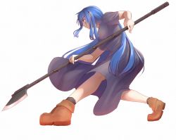 1girl blue_hair boots degtyaryov2952 dress enri_louvre grey_dress highres holding holding_scythe long_hair naraku naraku_1 red_eyes scythe solo weapon white_background