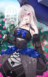 1girl ahoge bare_shoulders blush breasts choker cleavage corset dress eyes_visible_through_hair frilled_corset frills gothic_lolita grey_hair hair_over_one_eye highres lace lace-trimmed_choker lace_choker lace_sleeves lace_trim large_breasts lolita_fashion long_hair long_sleeves looking_at_viewer mole mole_under_eye nijisanji open_mouth purple_eyes smile solo sukoya_kana sukoya_kana_(2nd_costume) victorian virtual_youtuber xy90xz